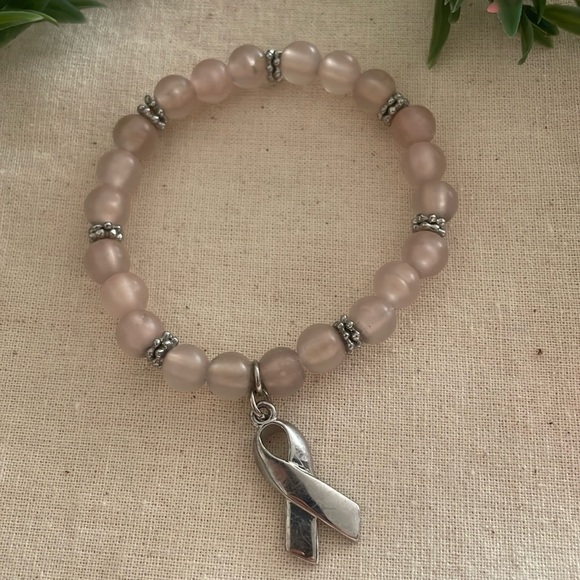 BreastCancer Awareness Pink Beaded Bracelet - Mirror Chrome Ribbon Charm - Picture 3 of 7